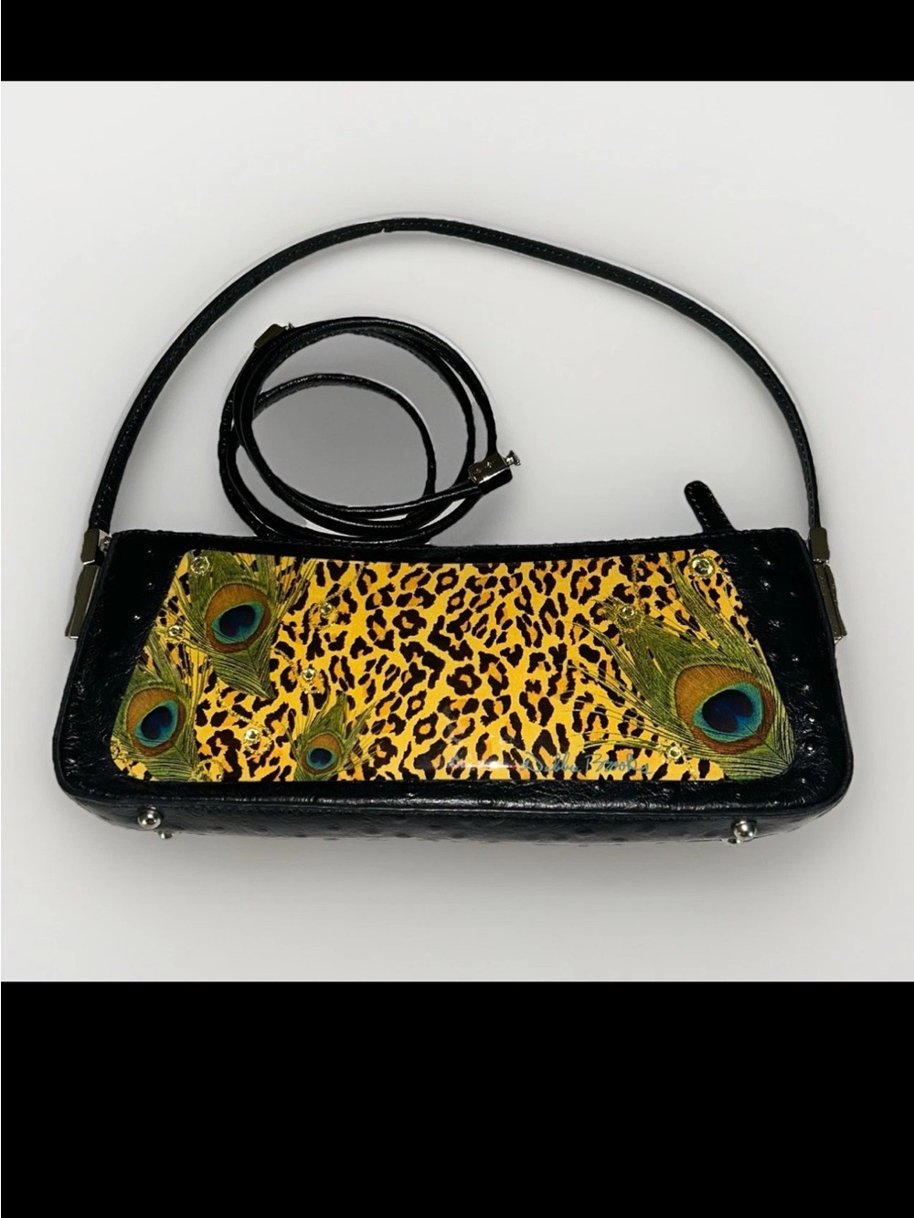 Debbie Brooks Black Ostrich, Evening
Bag Leopard & Peacock Enamel
Plaque Vintage